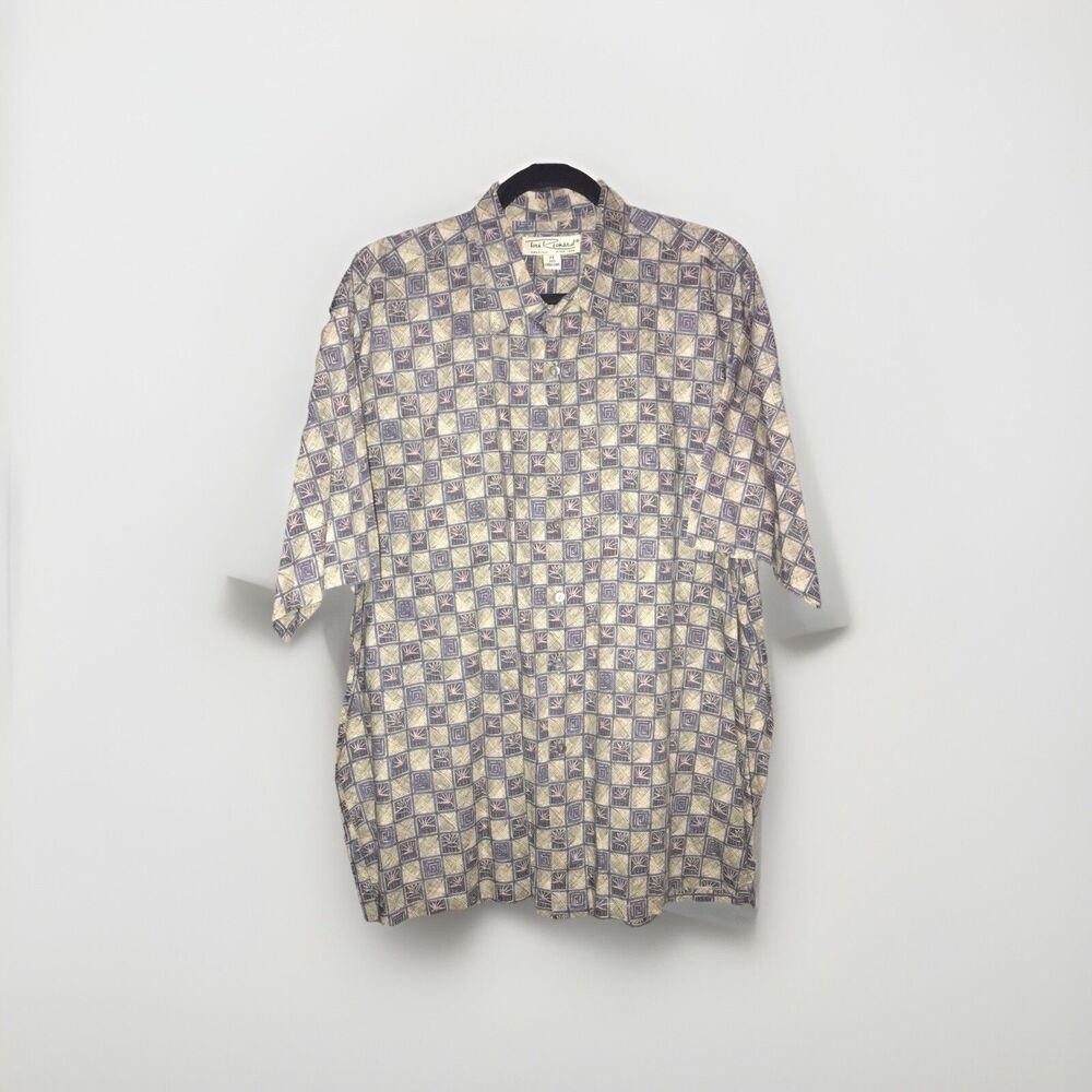 Tori Richards XL Shirt Hawaiian Button Up Short Sleeve Tan Grey Black Square